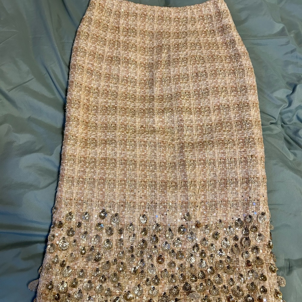 Oscar de la Renta Tan Tweed Pencil Skirt